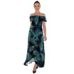 Palms Pattern Design Off Shoulder Open Front Chiffon Dress