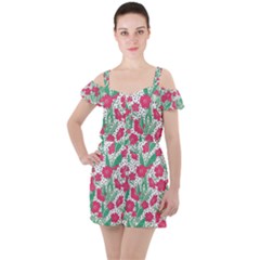 Flora Floral Flower Flowers Pattern Ruffle Cut Out Chiffon Playsuit