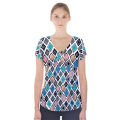 Diamond Shapes Pattern Short Sleeve Front Detail Top