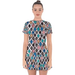 Diamond Shapes Pattern Drop Hem Mini Chiffon Dress