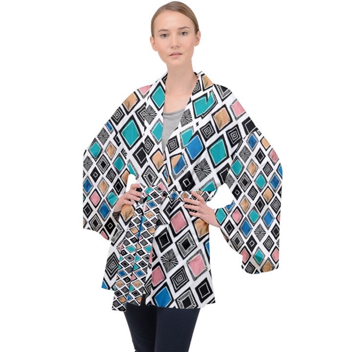 Diamond Shapes Pattern Long Sleeve Velvet Kimono 