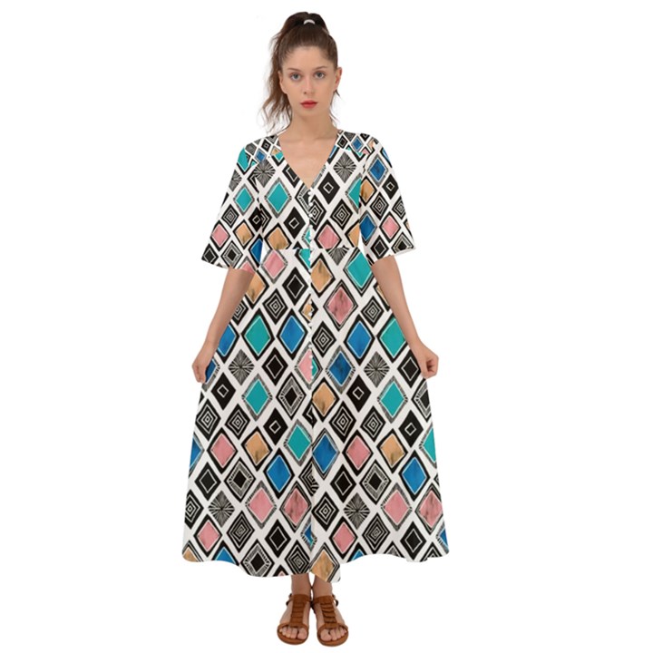 Diamond Shapes Pattern Kimono Sleeve Boho Dress