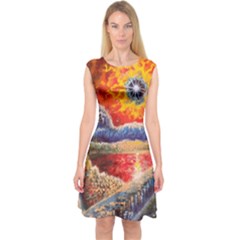 Sci Fi  Landscape Painting Capsleeve Midi Dress by Sudhe