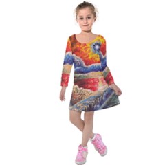 Sci Fi  Landscape Painting Kids  Long Sleeve Velvet Dress