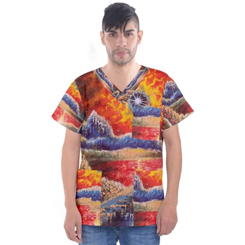 Sci Fi  Landscape Painting Men s V-neck Scrub Top by Sudhe