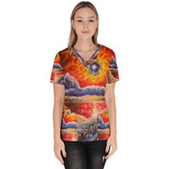 Sci Fi  Landscape Painting Women s V-neck Scrub Top by Sudhe