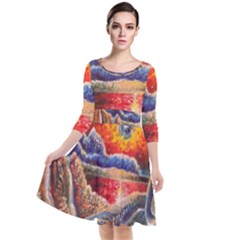 Sci Fi  Landscape Painting Quarter Sleeve Waist Band Dress