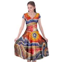 Sci Fi  Landscape Painting Cap Sleeve Wrap Front Dress