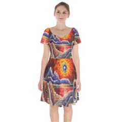 Sci Fi  Landscape Painting Short Sleeve Bardot Dress