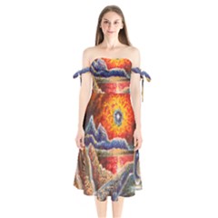 Sci Fi  Landscape Painting Shoulder Tie Bardot Midi Dress