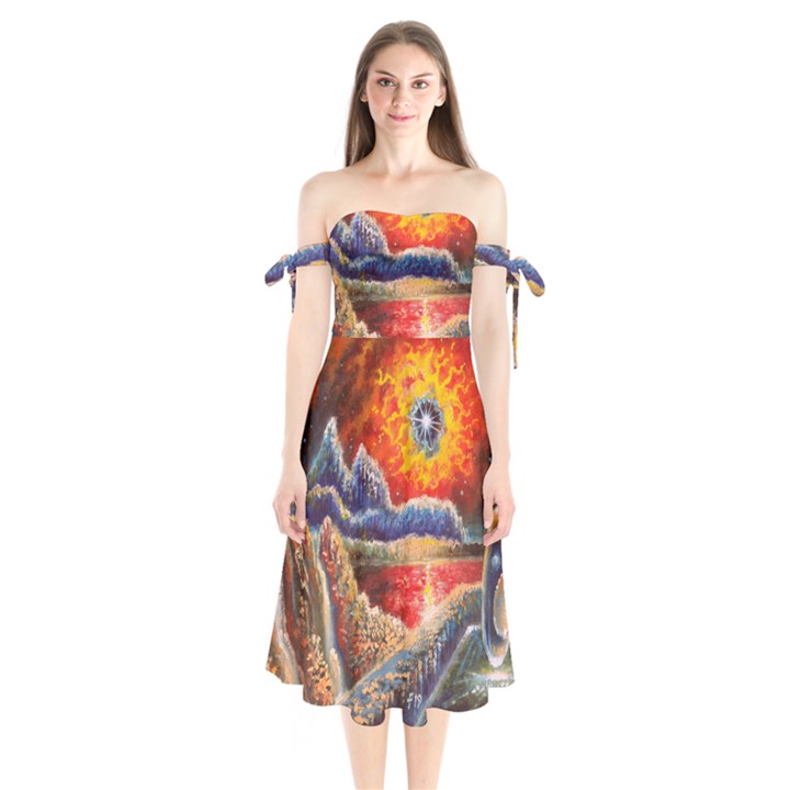 Sci Fi  Landscape painting Shoulder Tie Bardot Midi Dress