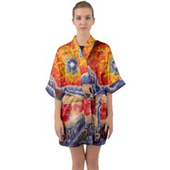 Sci Fi  Landscape Painting Half Sleeve Satin Kimono  by Sudhe