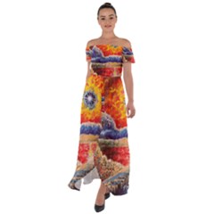 Sci Fi  Landscape Painting Off Shoulder Open Front Chiffon Dress