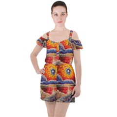 Sci Fi  Landscape Painting Ruffle Cut Out Chiffon Playsuit by Sudhe