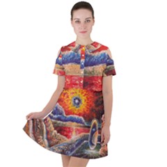 Sci Fi  Landscape Painting Short Sleeve Shoulder Cut Out Dress 