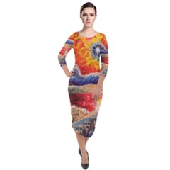 Sci Fi  Landscape Painting Quarter Sleeve Midi Velour Bodycon Dress