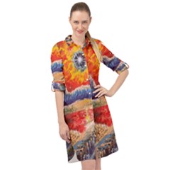 Sci Fi  Landscape Painting Long Sleeve Mini Shirt Dress