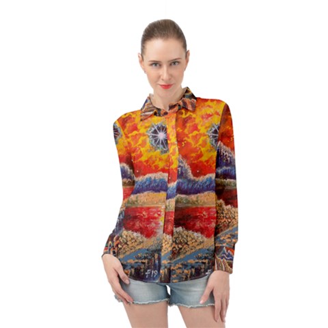 Sci Fi  Landscape Painting Long Sleeve Chiffon Shirt by Sudhe