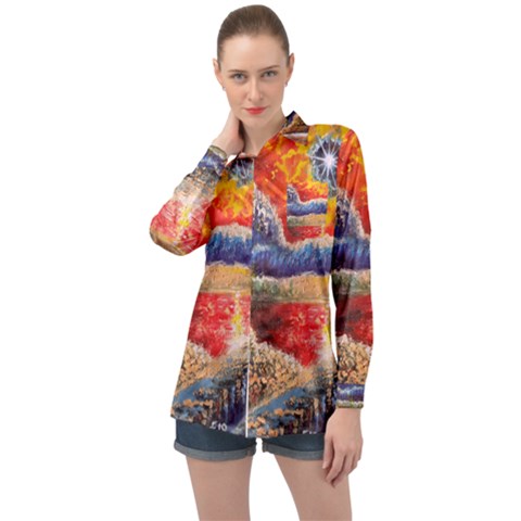 Sci Fi  Landscape Painting Long Sleeve Satin Shirt by Sudhe