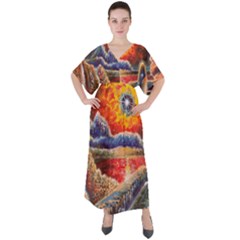 Sci Fi  Landscape Painting V-neck Boho Style Maxi Dress by Sudhe