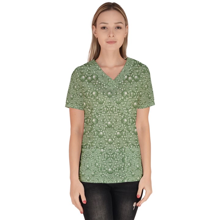 Baroque Green Pearls Ornate Bohemian Women s V-Neck Scrub Top