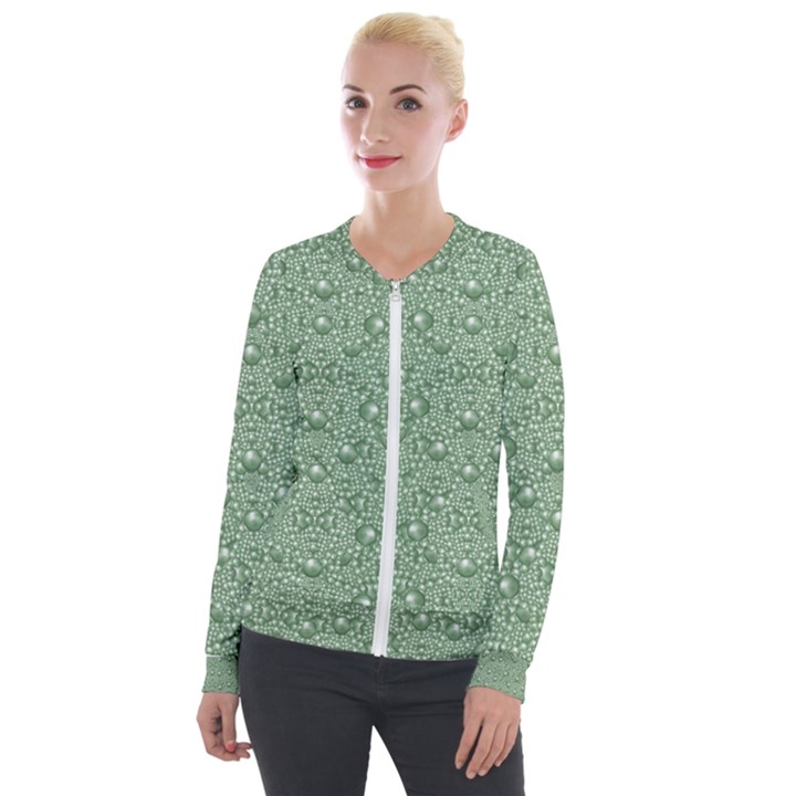 Baroque Green Pearls Ornate Bohemian Velour Zip Up Jacket