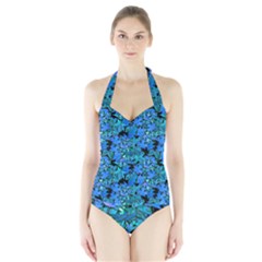 Fall Leaves Blue Halter Swimsuit by bloomingvinedesign