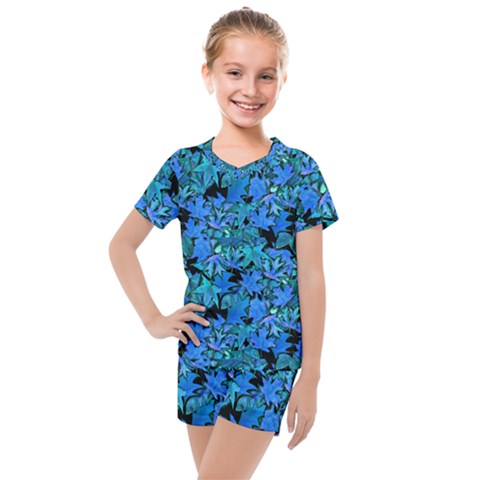 Fall Leaves Blue Kids  Mesh Tee And Shorts Set by bloomingvinedesign