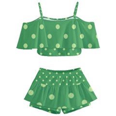 Green Polka Dots Kids  Off Shoulder Skirt Bikini by retrotoomoderndesigns