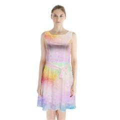 Rainbow painting drops Sleeveless Waist Tie Chiffon Dress