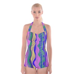 Wavy Scribble Abstract Boyleg Halter Swimsuit  by bloomingvinedesign