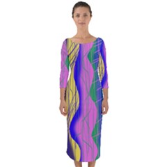 Wavy Scribble Abstract Quarter Sleeve Midi Bodycon Dress by bloomingvinedesign