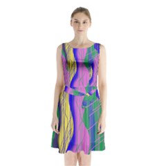 Wavy Scribble Abstract Sleeveless Waist Tie Chiffon Dress by bloomingvinedesign