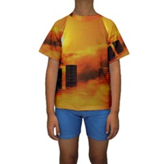 City Sun Clouds Smog Sky Yellow Kids  Short Sleeve Swimwear by Simbadda