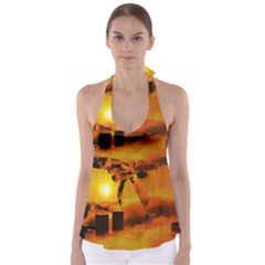 City Sun Clouds Smog Sky Yellow Babydoll Tankini Top by Simbadda