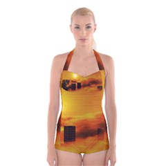 City Sun Clouds Smog Sky Yellow Boyleg Halter Swimsuit  by Simbadda