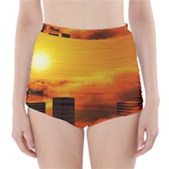 City Sun Clouds Smog Sky Yellow High-waisted Bikini Bottoms by Simbadda