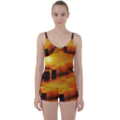 City Sun Clouds Smog Sky Yellow Tie Front Two Piece Tankini by Simbadda