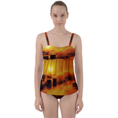 City Sun Clouds Smog Sky Yellow Twist Front Tankini Set by Simbadda