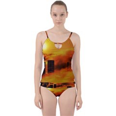 City Sun Clouds Smog Sky Yellow Cut Out Top Tankini Set by Simbadda