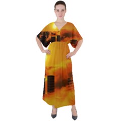 City Sun Clouds Smog Sky Yellow V-neck Boho Style Maxi Dress