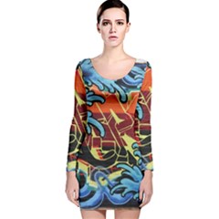 Graffiti Colourful Street Art Art Long Sleeve Velvet Bodycon Dress by Simbadda