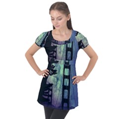 Bridge Construction Trees Puff Sleeve Tunic Top by Simbadda