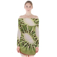 Kiwi Fruit Fresh Green Tasty Food Long Sleeve Off Shoulder Dress by Simbadda