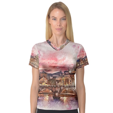 City Buildings Bridge Water River V-neck Sport Mesh Tee by Simbadda