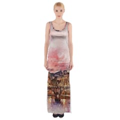 City Buildings Bridge Water River Thigh Split Maxi Dress by Simbadda