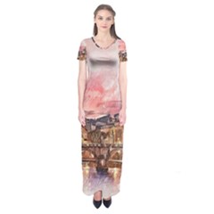 City Buildings Bridge Water River Short Sleeve Maxi Dress by Simbadda