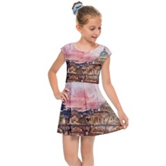 City Buildings Bridge Water River Kids  Cap Sleeve Dress by Simbadda