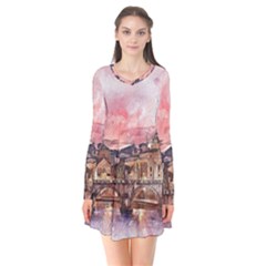 City Buildings Bridge Water River Long Sleeve V-neck Flare Dress by Simbadda