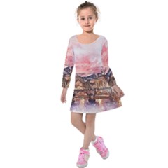 City Buildings Bridge Water River Kids  Long Sleeve Velvet Dress by Simbadda